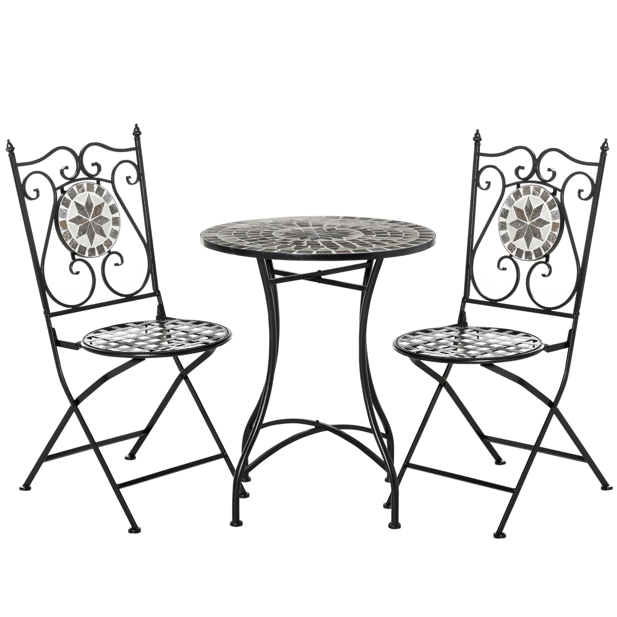 Garden Seating Group 3-Piece Mosaic Table Dining Set Garden Furniture Set Balcony Furniture Set 1 Table+2 Folding Chairs Garden Metal Ceramic Tile Multicolor