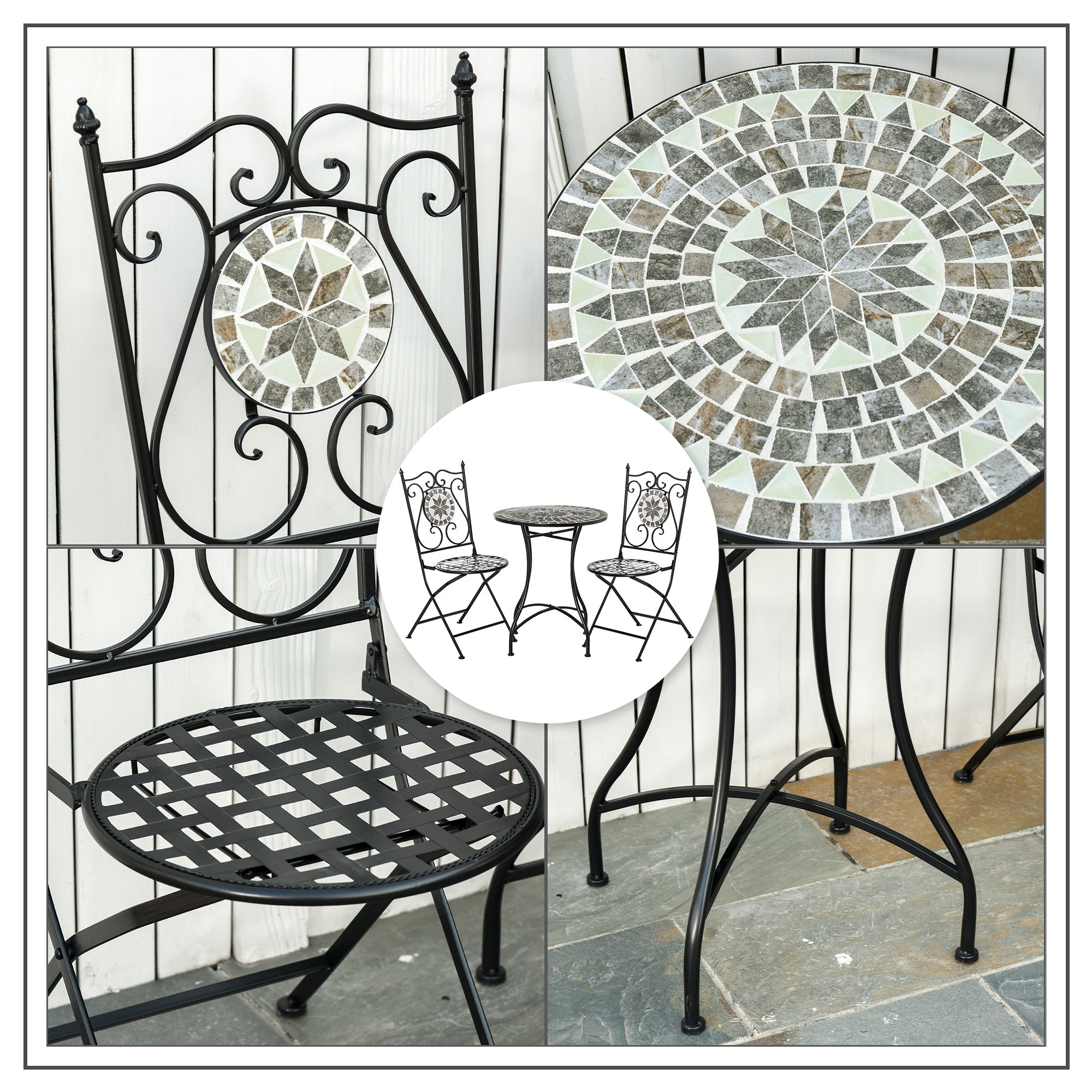 Garden Seating Group 3-Piece Mosaic Table Dining Set Garden Furniture Set Balcony Furniture Set 1 Table+2 Folding Chairs Garden Metal Ceramic Tile Multicolor