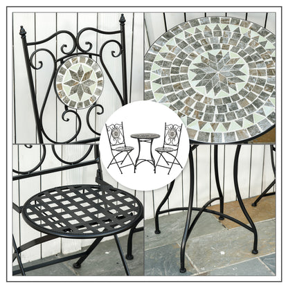 Garden Seating Group 3-Piece Mosaic Table Dining Set Garden Furniture Set Balcony Furniture Set 1 Table+2 Folding Chairs Garden Metal Ceramic Tile Multicolor
