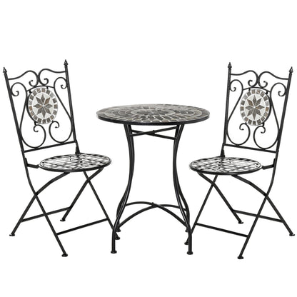 Garden Seating Group 3-Piece Mosaic Table Dining Set Garden Furniture Set Balcony Furniture Set 1 Table+2 Folding Chairs Garden Metal Ceramic Tile Multicolor