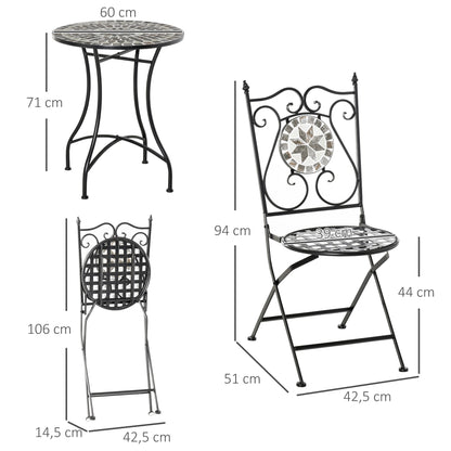 Garden Seating Group 3-Piece Mosaic Table Dining Set Garden Furniture Set Balcony Furniture Set 1 Table+2 Folding Chairs Garden Metal Ceramic Tile Multicolor