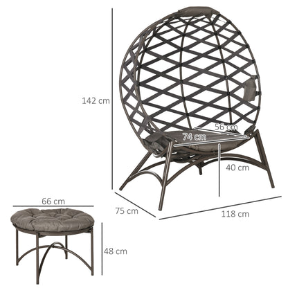 2-Piece Garden Chair Set, Rattan Chair with Foldable Seat Basket, including 2-in-1 Stool, Cushion, Lounge Chair for Balcony, Patio, Steel, Sand, 118 x 75 x 142 cm