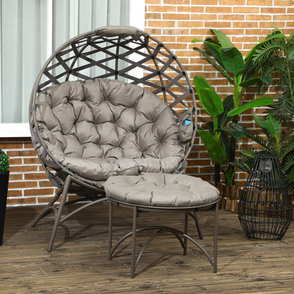 2-Piece Garden Chair Set, Rattan Chair with Foldable Seat Basket, including 2-in-1 Stool, Cushion, Lounge Chair for Balcony, Patio, Steel, Sand, 118 x 75 x 142 cm