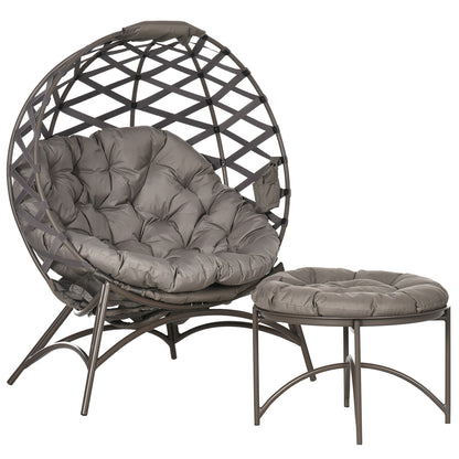 2-Piece Garden Chair Set, Rattan Chair with Foldable Seat Basket, including 2-in-1 Stool, Cushion, Lounge Chair for Balcony, Patio, Steel, Sand, 118 x 75 x 142 cm