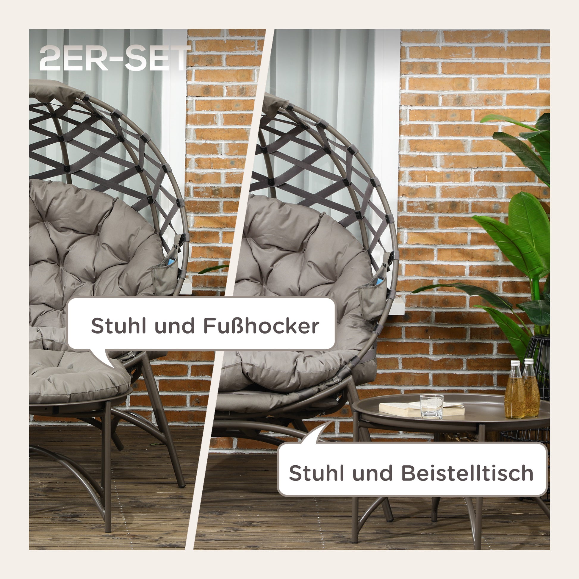 2-Piece Garden Chair Set, Rattan Chair with Foldable Seat Basket, including 2-in-1 Stool, Cushion, Lounge Chair for Balcony, Patio, Steel, Sand, 118 x 75 x 142 cm