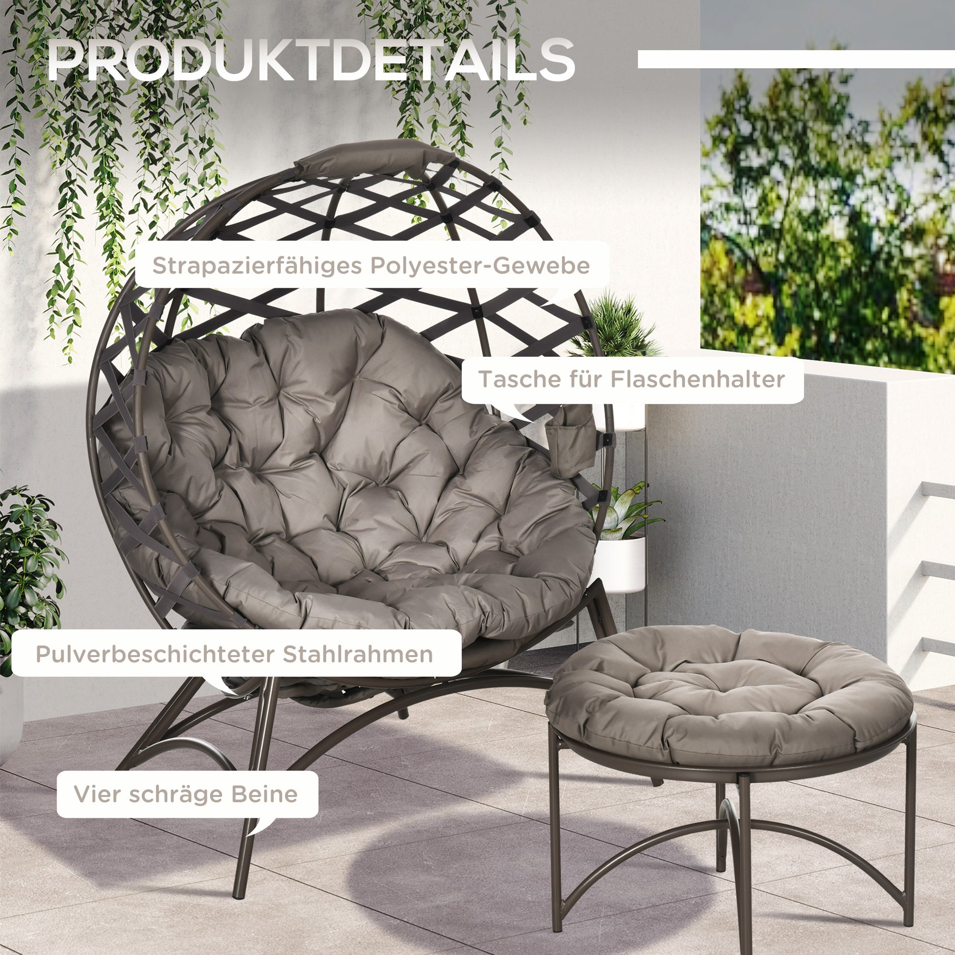 2-Piece Garden Chair Set, Rattan Chair with Foldable Seat Basket, including 2-in-1 Stool, Cushion, Lounge Chair for Balcony, Patio, Steel, Sand, 118 x 75 x 142 cm