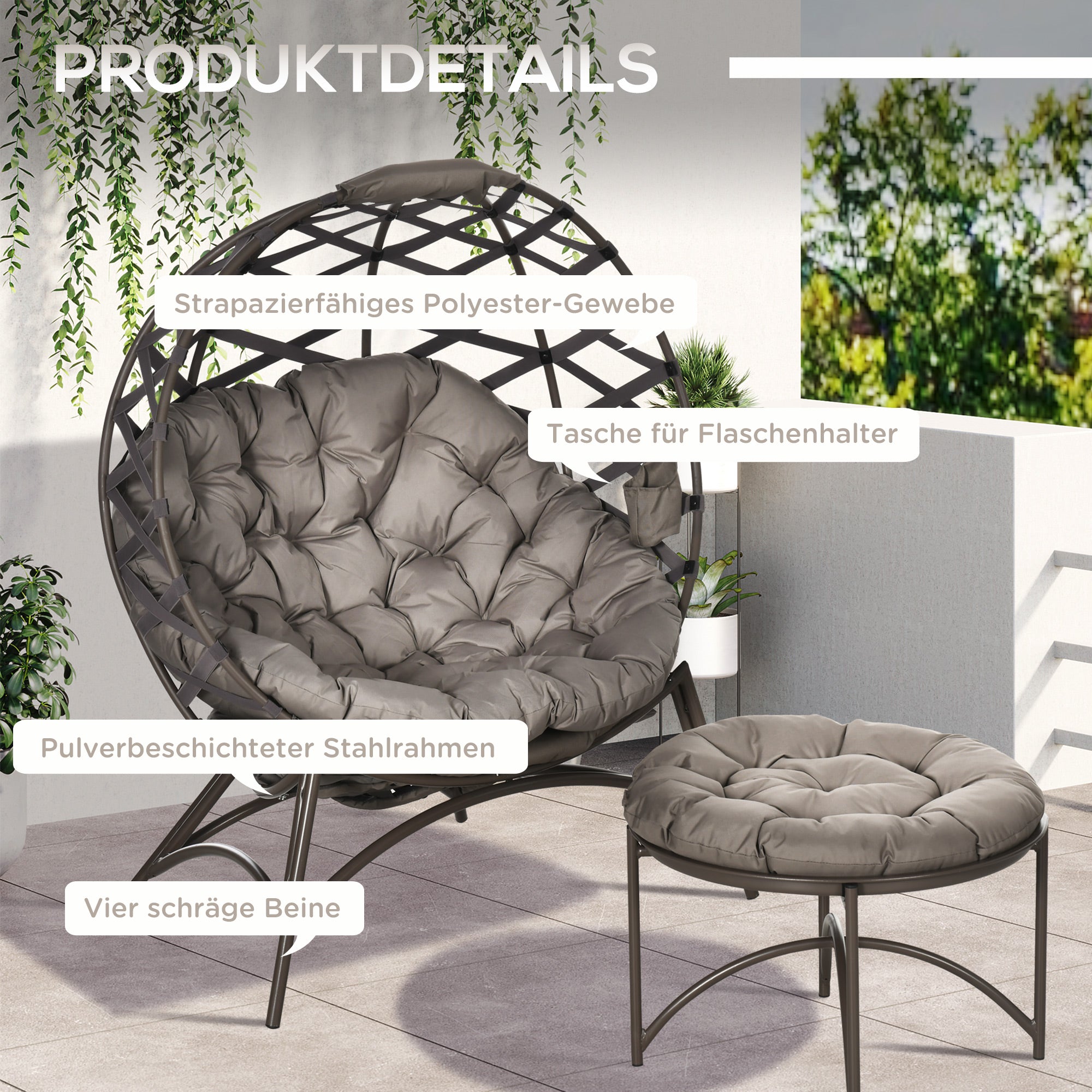 2-Piece Garden Chair Set, Rattan Chair with Foldable Seat Basket, including 2-in-1 Stool, Cushion, Lounge Chair for Balcony, Patio, Steel, Sand, 118 x 75 x 142 cm