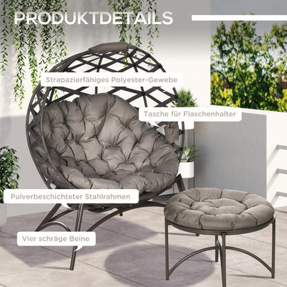 2-Piece Garden Chair Set, Rattan Chair with Foldable Seat Basket, including 2-in-1 Stool, Cushion, Lounge Chair for Balcony, Patio, Steel, Sand, 118 x 75 x 142 cm