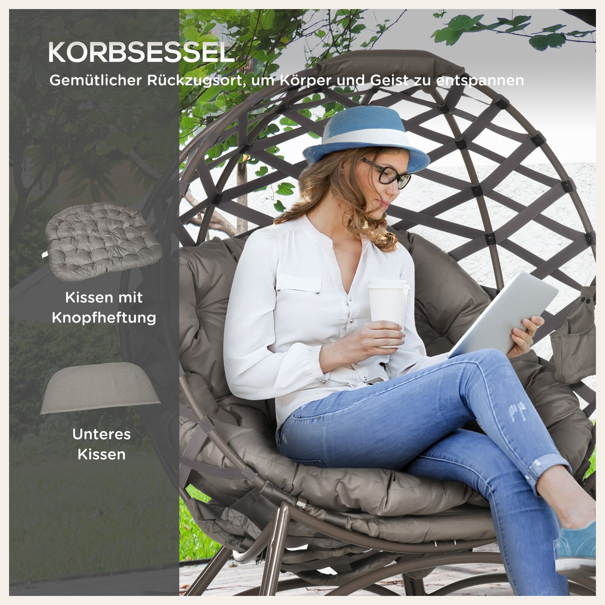 2-Piece Garden Chair Set, Rattan Chair with Foldable Seat Basket, including 2-in-1 Stool, Cushion, Lounge Chair for Balcony, Patio, Steel, Sand, 118 x 75 x 142 cm