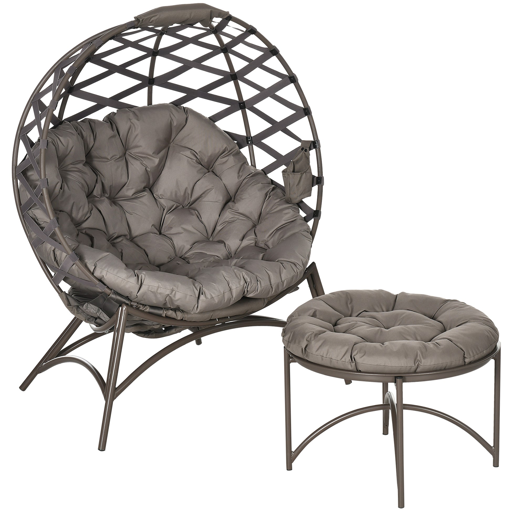 2-Piece Garden Chair Set, Rattan Chair with Foldable Seat Basket, including 2-in-1 Stool, Cushion, Lounge Chair for Balcony, Patio, Steel, Sand, 118 x 75 x 142 cm