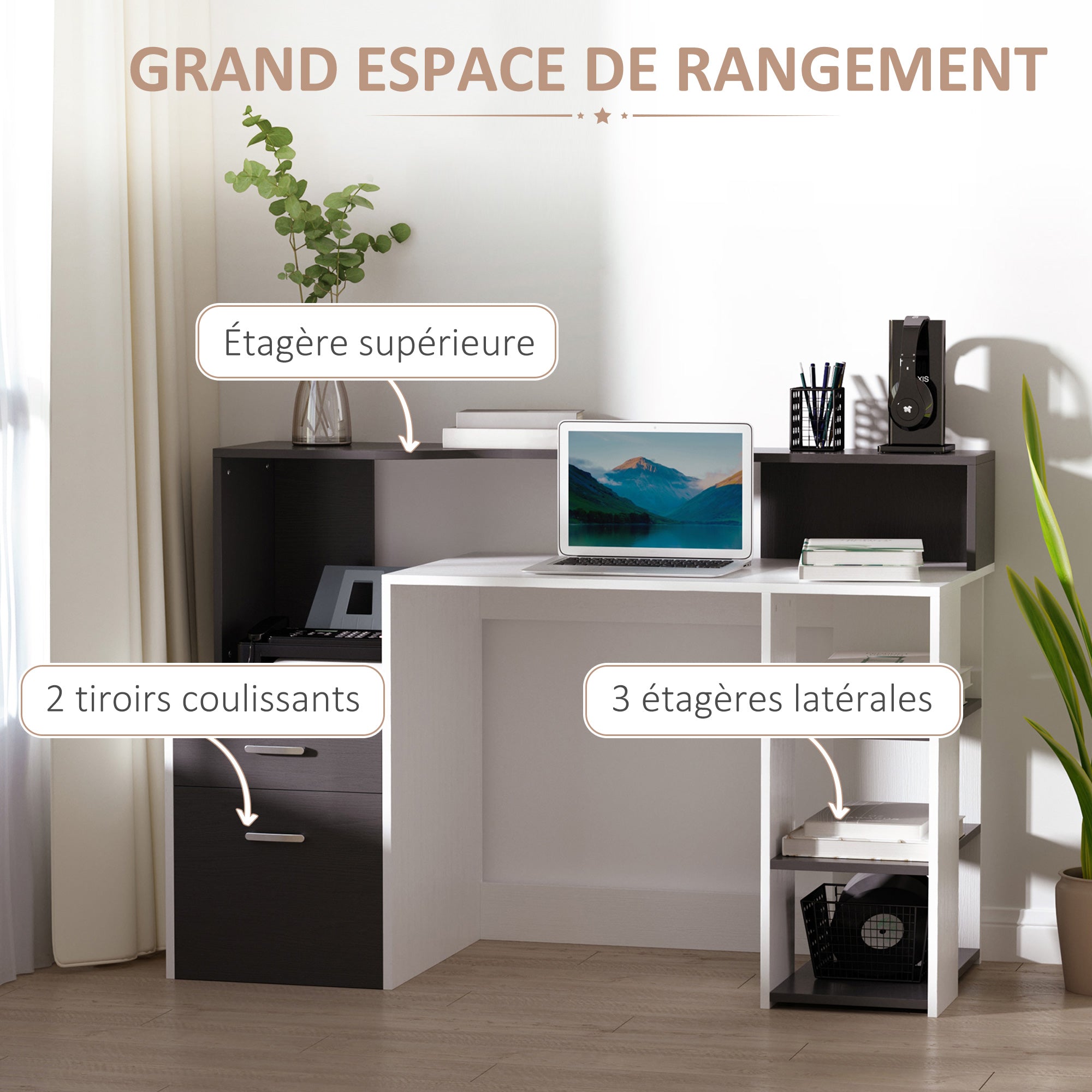 Computer Desk with Multimedia Storage Design Multi-Storage 137 L x 55 W x 92 H cm Black and White