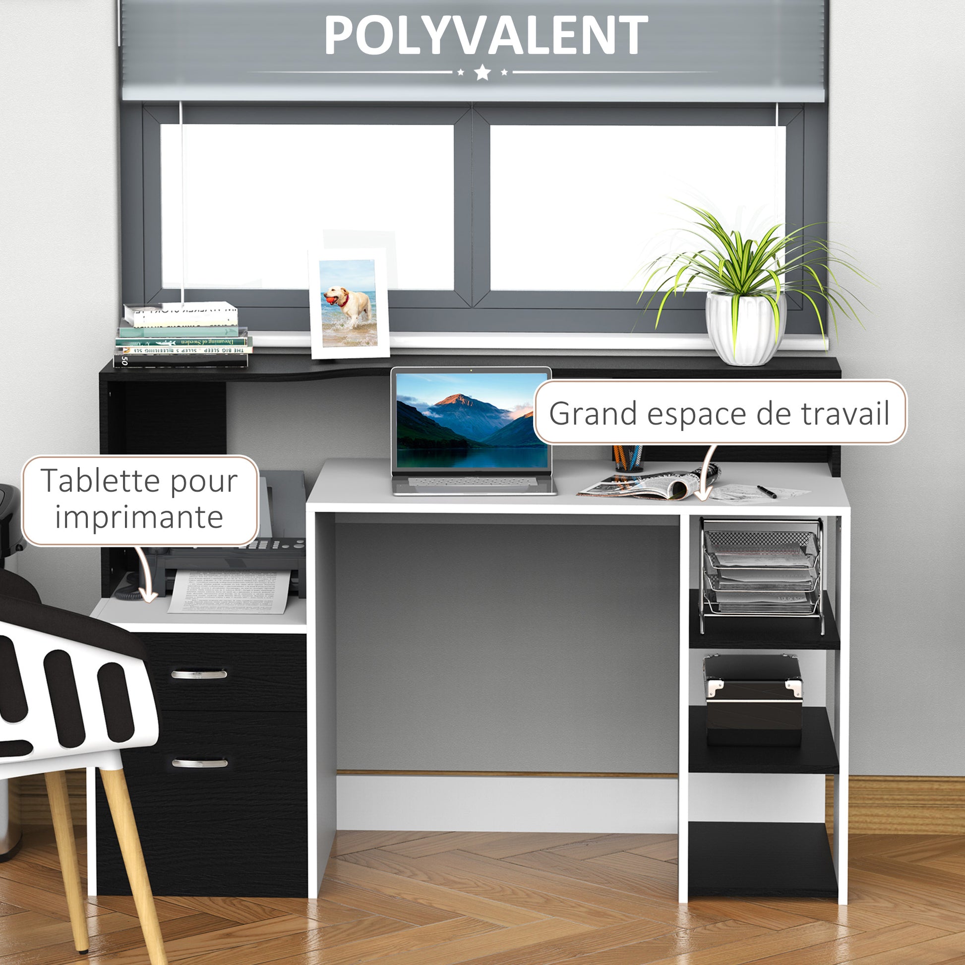 Computer Desk with Multimedia Storage Design Multi-Storage 137 L x 55 W x 92 H cm Black and White
