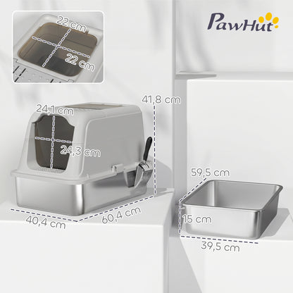 Covered Cat Litter Box with Stainless Steel Tray — Anti-Tracking, Leak-Resistant, Easy-Clean; For Large Cats up to 8 kg (17.6 lb), 60.4 x 40.4 x 41.8 cm (23.8 x 15.9 x 16.5 in), Light Gray & Black
