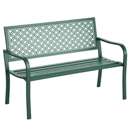 Steel Garden Bench, 2-Seater Park Bench with Backrest & Armrest, Bench with Flower Pattern, for Garden, Balcony, max. 240 kg, Dark Green, 127 x 63 x 83 cm