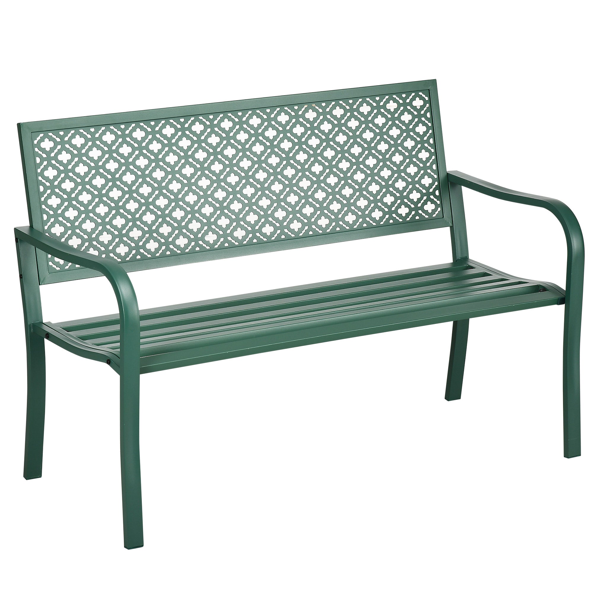 Steel Garden Bench, 2-Seater Park Bench with Backrest & Armrest, Bench with Flower Pattern, for Garden, Balcony, max. 240 kg, Dark Green, 127 x 63 x 83 cm