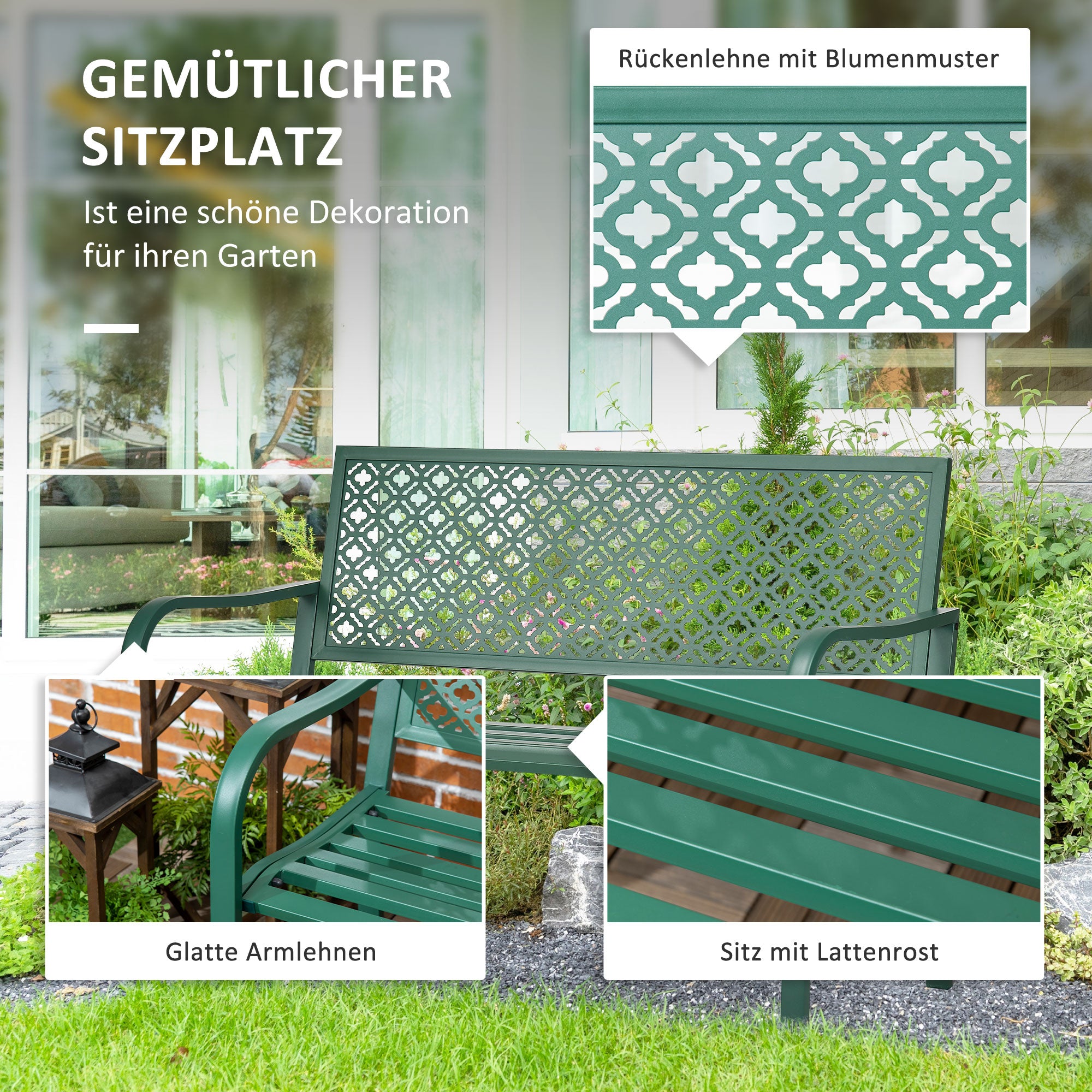 Steel Garden Bench, 2-Seater Park Bench with Backrest & Armrest, Bench with Flower Pattern, for Garden, Balcony, max. 240 kg, Dark Green, 127 x 63 x 83 cm