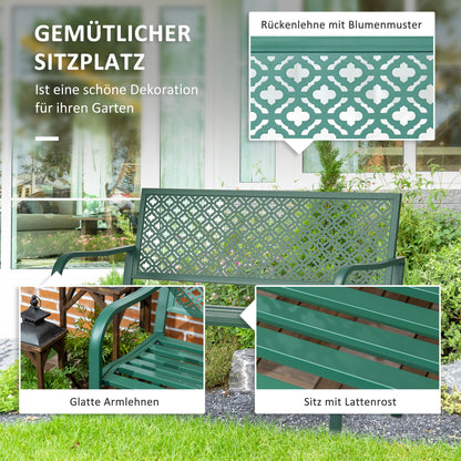 Steel Garden Bench, 2-Seater Park Bench with Backrest & Armrest, Bench with Flower Pattern, for Garden, Balcony, max. 240 kg, Dark Green, 127 x 63 x 83 cm
