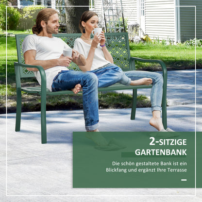 Steel Garden Bench, 2-Seater Park Bench with Backrest & Armrest, Bench with Flower Pattern, for Garden, Balcony, max. 240 kg, Dark Green, 127 x 63 x 83 cm