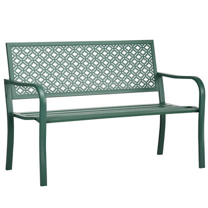 Steel Garden Bench, 2-Seater Park Bench with Backrest & Armrest, Bench with Flower Pattern, for Garden, Balcony, max. 240 kg, Dark Green, 127 x 63 x 83 cm