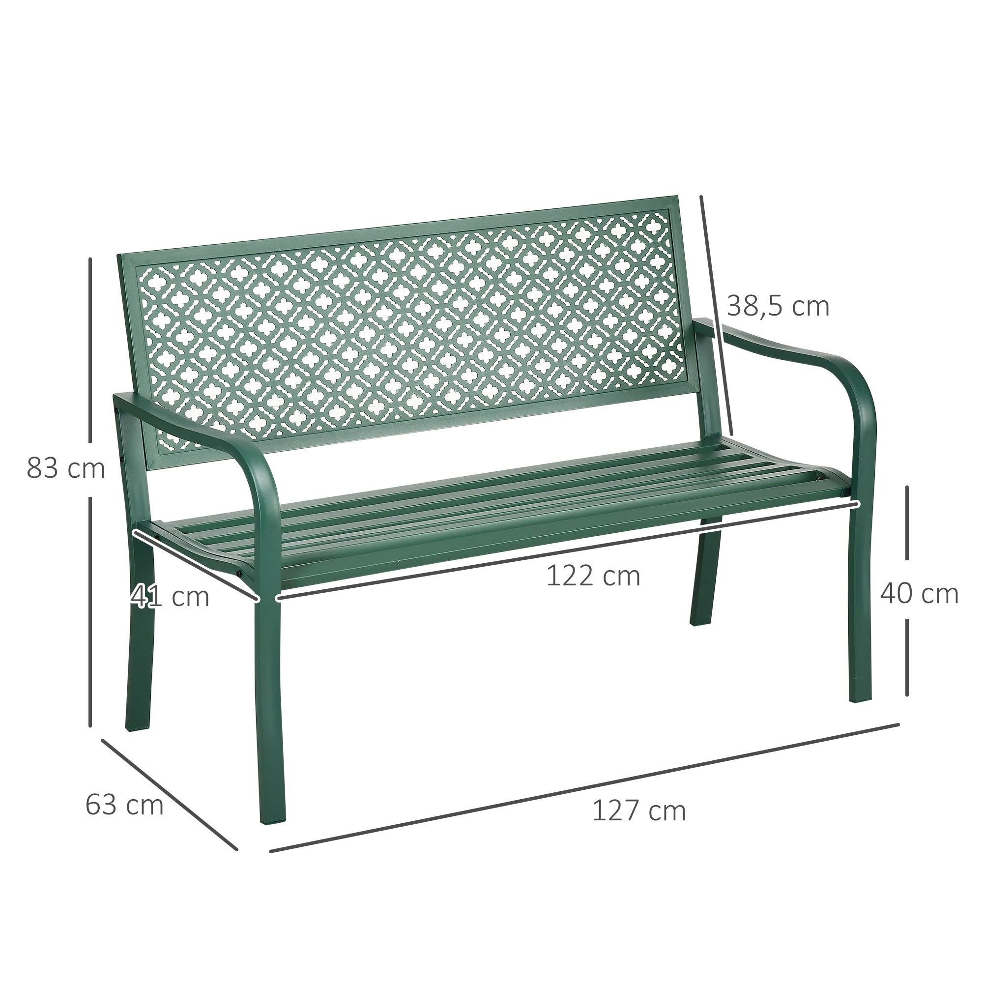 Steel Garden Bench, 2-Seater Park Bench with Backrest & Armrest, Bench with Flower Pattern, for Garden, Balcony, max. 240 kg, Dark Green, 127 x 63 x 83 cm
