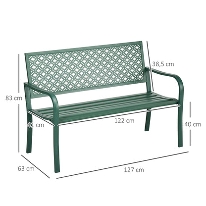 Steel Garden Bench, 2-Seater Park Bench with Backrest & Armrest, Bench with Flower Pattern, for Garden, Balcony, max. 240 kg, Dark Green, 127 x 63 x 83 cm