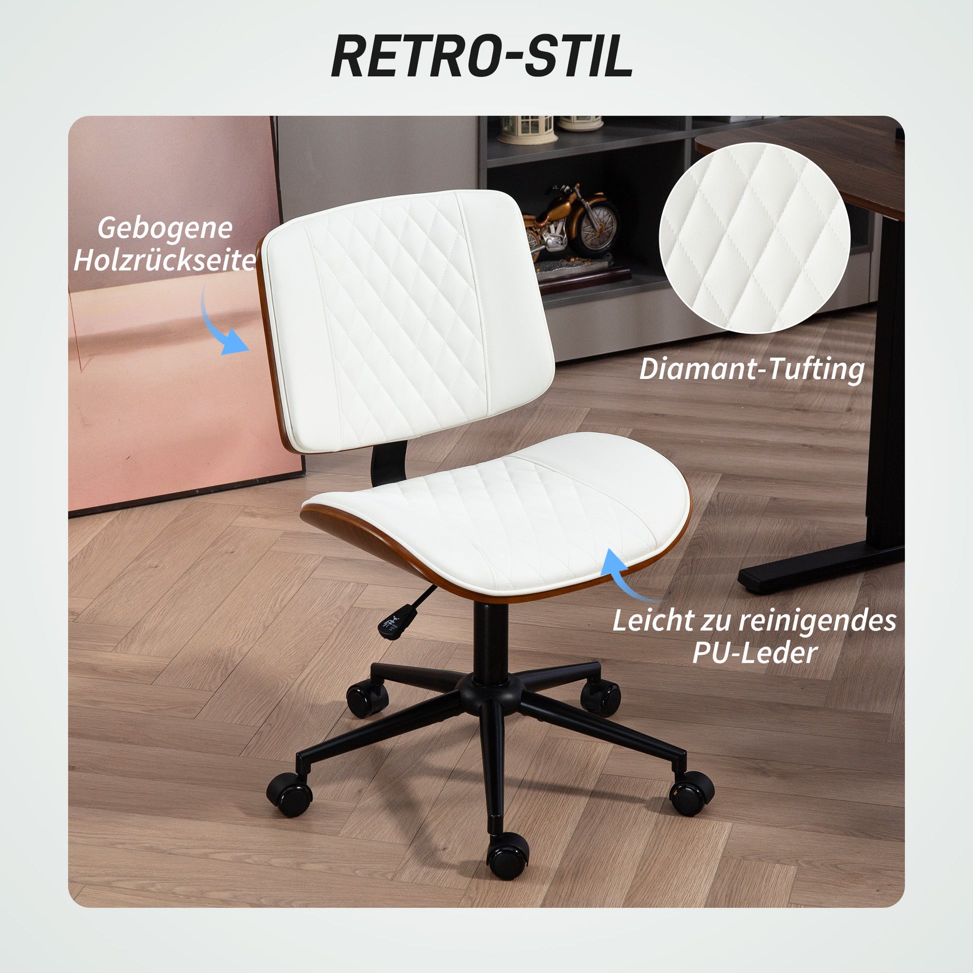Office Chair Height-Adjustable Desk Chair with Wheels, Diamond Stitching, Swivel Chair with Tilt Function, Faux Leather, White