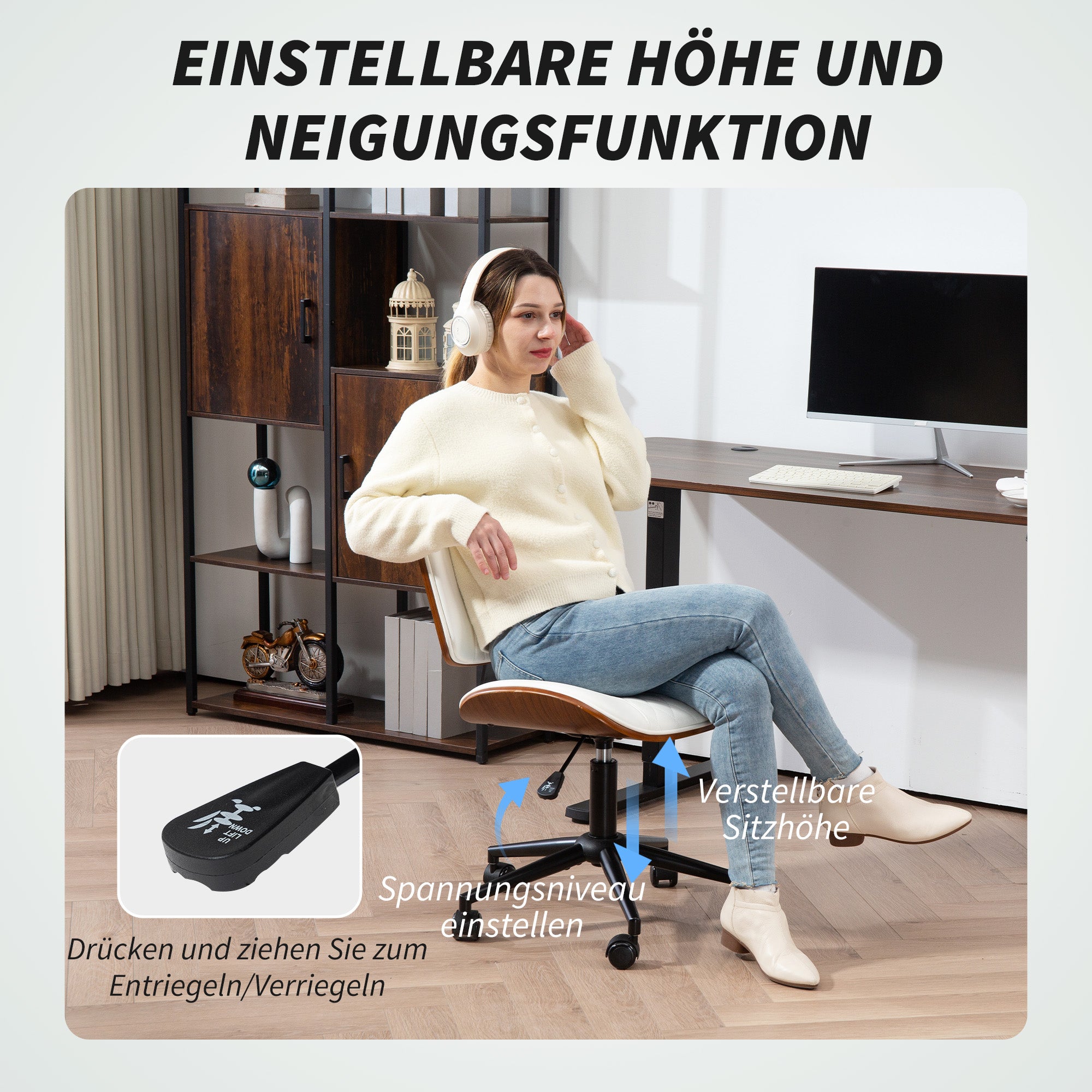 Office Chair Height-Adjustable Desk Chair with Wheels, Diamond Stitching, Swivel Chair with Tilt Function, Faux Leather, White