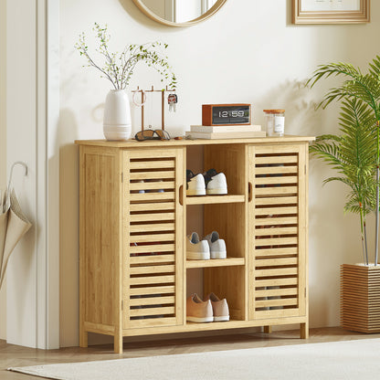 Bamboo Shoe Cabinet with 2 Slatted Doors Entryway Shoe Rack with Shelves and Open Compartments for 9 Pairs of Shoes 100x33x86 cm Natural