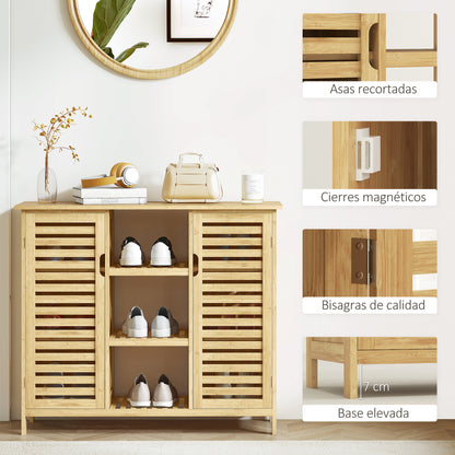 Bamboo Shoe Cabinet with 2 Slatted Doors Entryway Shoe Rack with Shelves and Open Compartments for 9 Pairs of Shoes 100x33x86 cm Natural