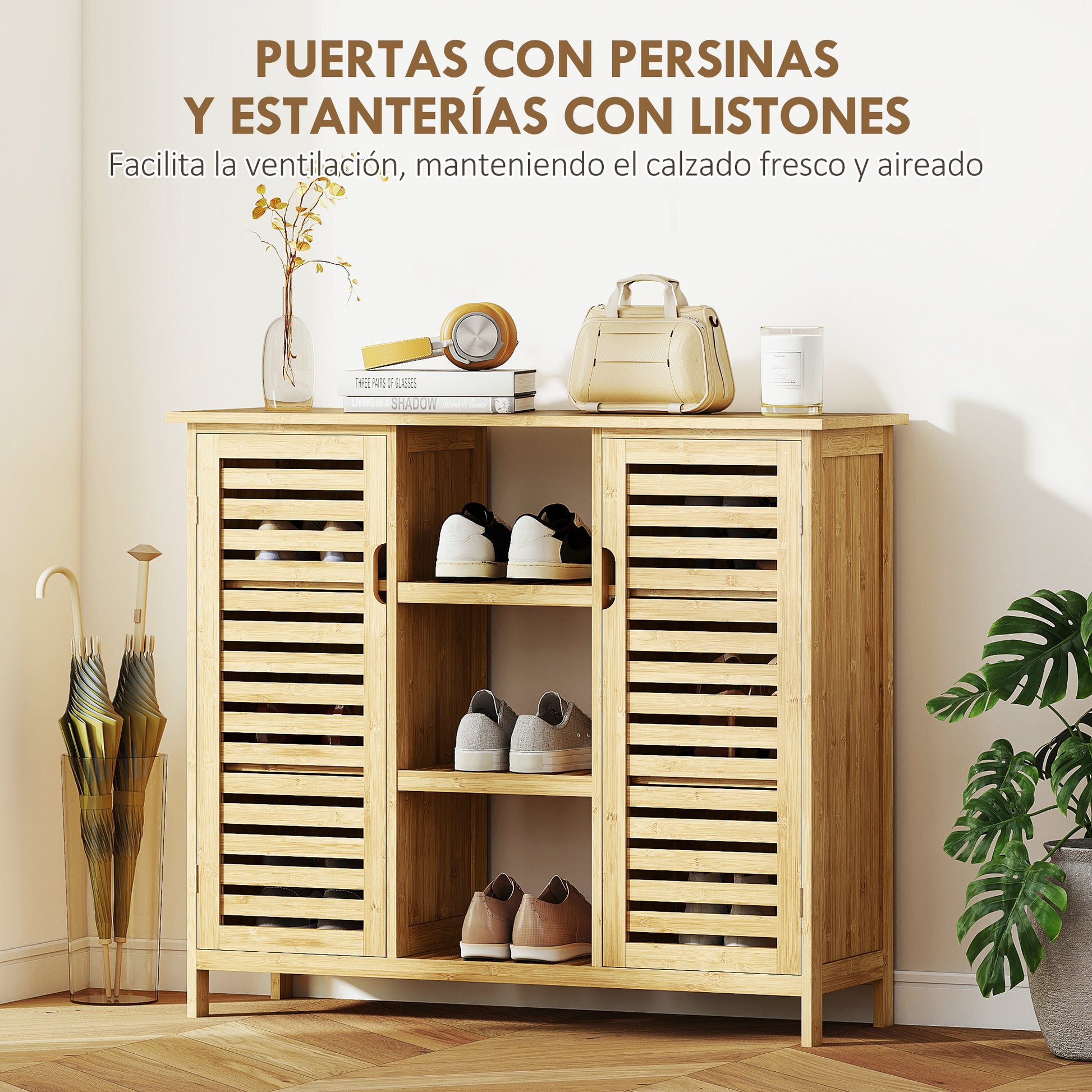 Bamboo Shoe Cabinet with 2 Slatted Doors Entryway Shoe Rack with Shelves and Open Compartments for 9 Pairs of Shoes 100x33x86 cm Natural