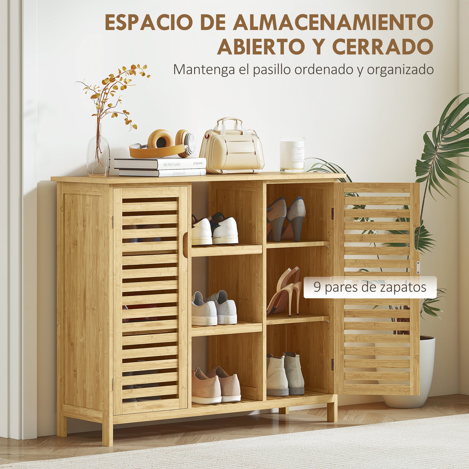 Bamboo Shoe Cabinet with 2 Slatted Doors Entryway Shoe Rack with Shelves and Open Compartments for 9 Pairs of Shoes 100x33x86 cm Natural