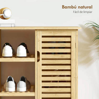 Bamboo Shoe Cabinet with 2 Slatted Doors Entryway Shoe Rack with Shelves and Open Compartments for 9 Pairs of Shoes 100x33x86 cm Natural