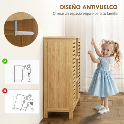 Bamboo Shoe Cabinet with 2 Slatted Doors Entryway Shoe Rack with Shelves and Open Compartments for 9 Pairs of Shoes 100x33x86 cm Natural