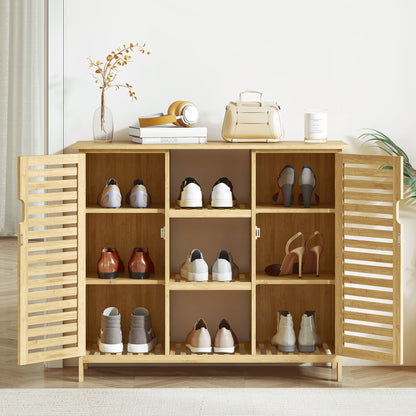 Bamboo Shoe Cabinet with 2 Slatted Doors Entryway Shoe Rack with Shelves and Open Compartments for 9 Pairs of Shoes 100x33x86 cm Natural
