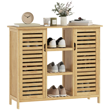 Bamboo Shoe Cabinet with 2 Slatted Doors Entryway Shoe Rack with Shelves and Open Compartments for 9 Pairs of Shoes 100x33x86 cm Natural
