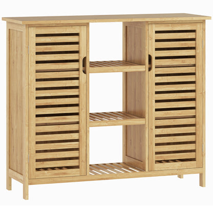 Bamboo Shoe Cabinet with 2 Slatted Doors Entryway Shoe Rack with Shelves and Open Compartments for 9 Pairs of Shoes 100x33x86 cm Natural