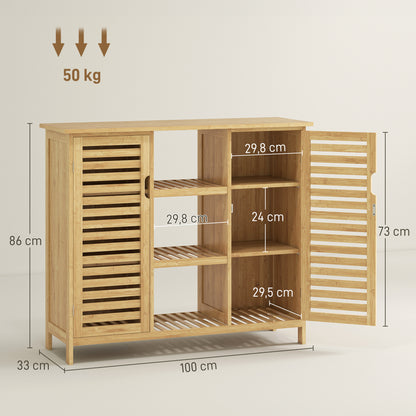 Bamboo Shoe Cabinet with 2 Slatted Doors Entryway Shoe Rack with Shelves and Open Compartments for 9 Pairs of Shoes 100x33x86 cm Natural
