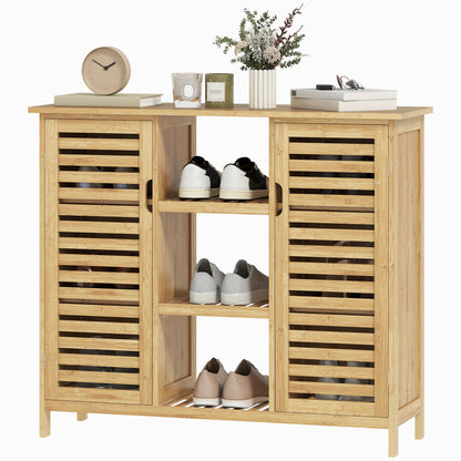 Bamboo Shoe Cabinet with 2 Slatted Doors Entryway Shoe Rack with Shelves and Open Compartments for 9 Pairs of Shoes 100x33x86 cm Natural