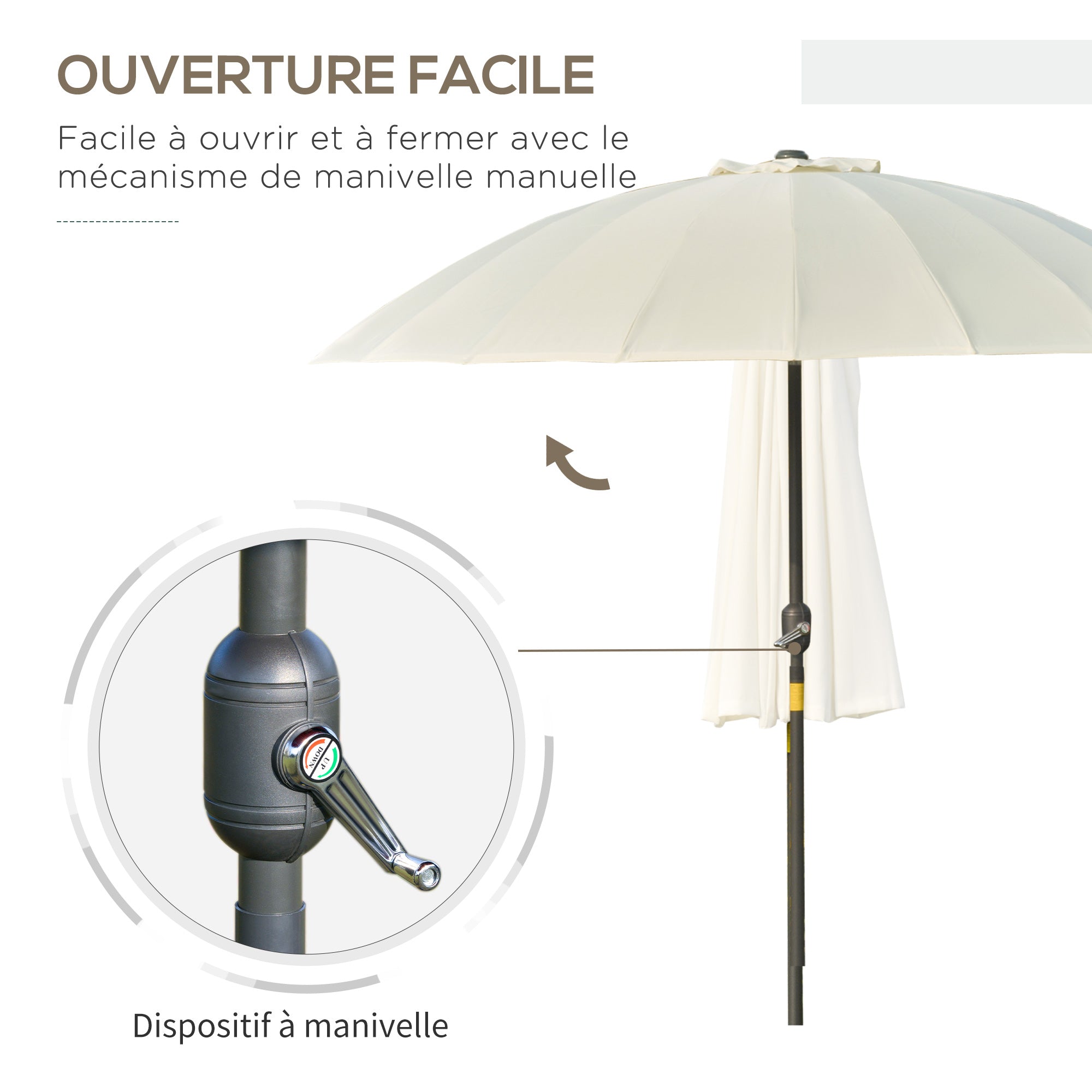 Straight Tilt Garden Parasol Round with 18 Ribs Crank Metal Mast Fiberglass Ø 2.5 m High-Density Polyester Beige