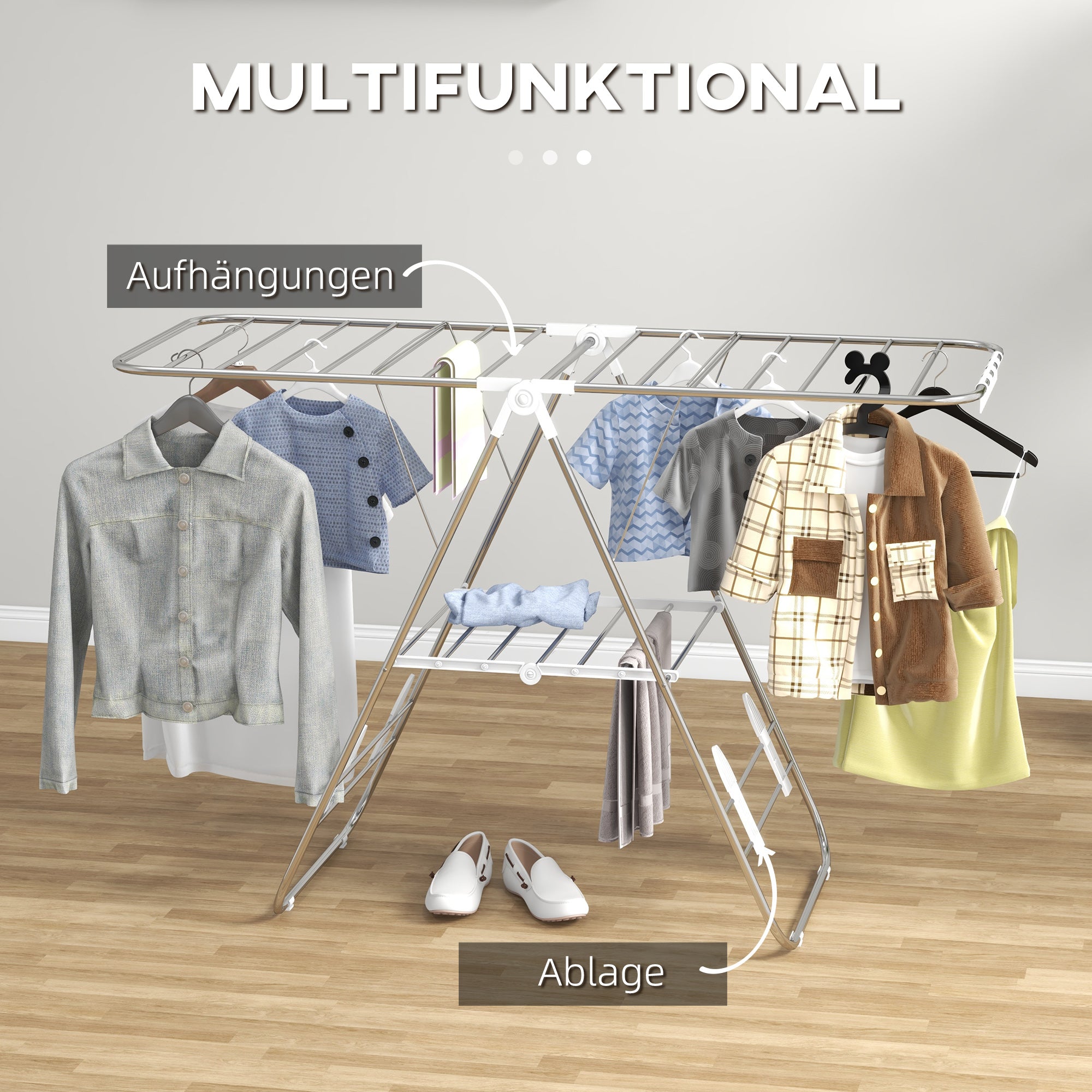 Clothes Drying Rack 1.48m Drying Length Portable Stand Dryer with Telescopic Poles, Wing Drying Rack Clothes Dryer for Indoor and Outdoor Use, Silver+White