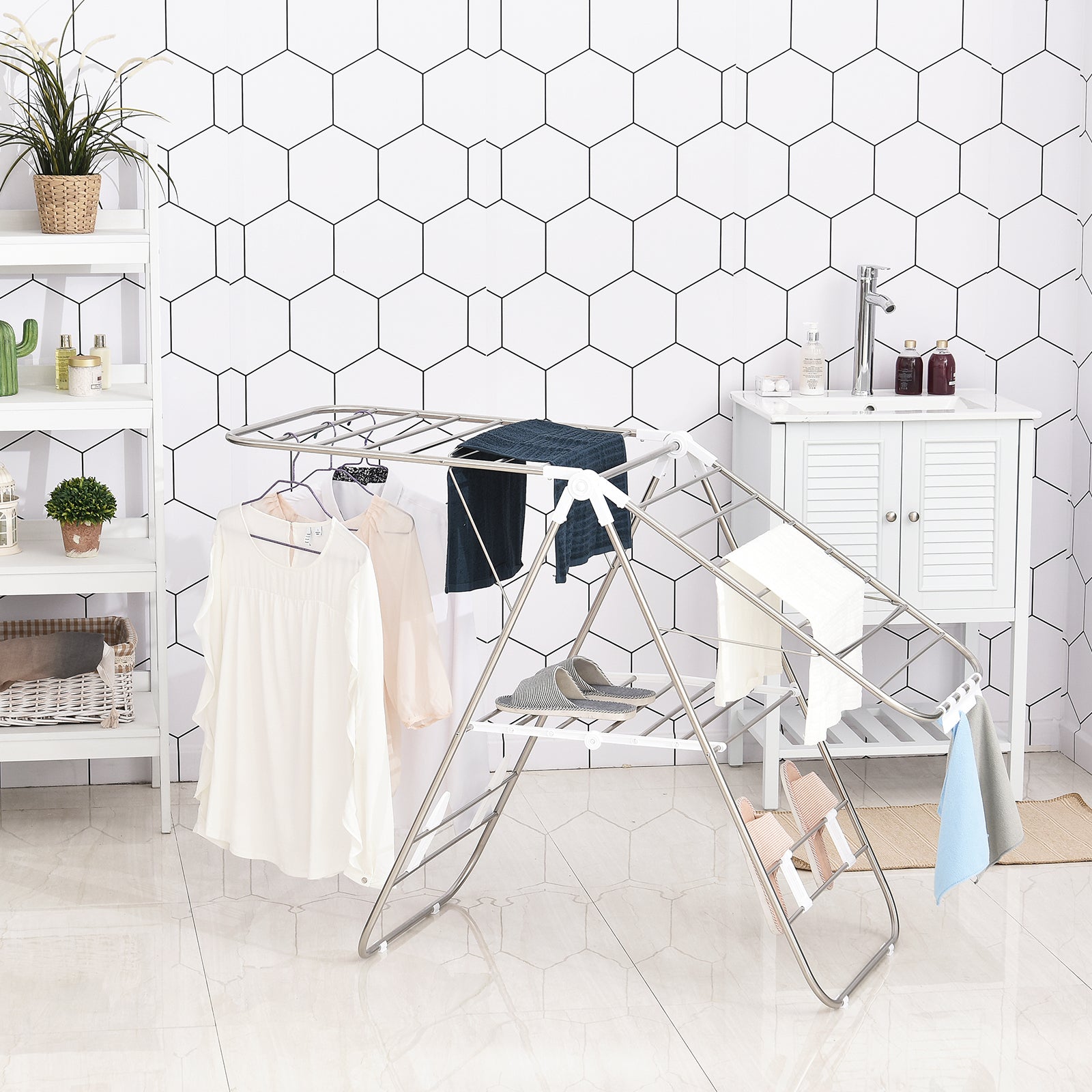 Clothes Drying Rack 1.48m Drying Length Portable Stand Dryer with Telescopic Poles, Wing Drying Rack Clothes Dryer for Indoor and Outdoor Use, Silver+White