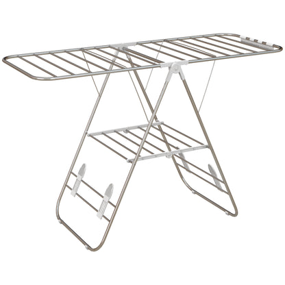 Clothes Drying Rack 1.48m Drying Length Portable Stand Dryer with Telescopic Poles, Wing Drying Rack Clothes Dryer for Indoor and Outdoor Use, Silver+White