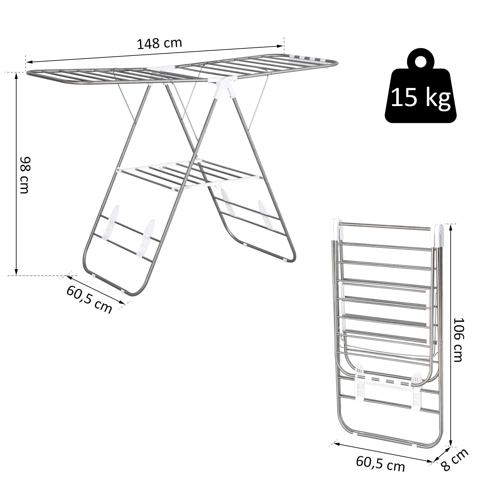Clothes Drying Rack 1.48m Drying Length Portable Stand Dryer with Telescopic Poles, Wing Drying Rack Clothes Dryer for Indoor and Outdoor Use, Silver+White