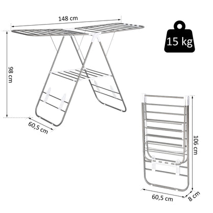 Clothes Drying Rack 1.48m Drying Length Portable Stand Dryer with Telescopic Poles, Wing Drying Rack Clothes Dryer for Indoor and Outdoor Use, Silver+White