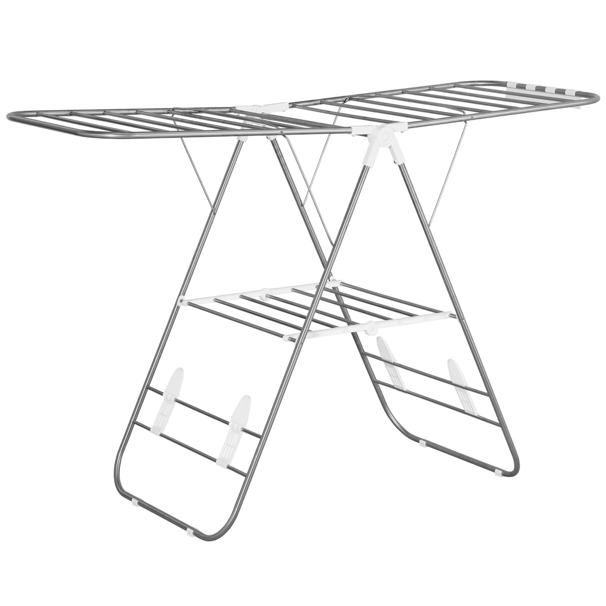 Clothes Drying Rack 1.48m Drying Length Portable Stand Dryer with Telescopic Poles, Wing Drying Rack Clothes Dryer for Indoor and Outdoor Use, Silver+White