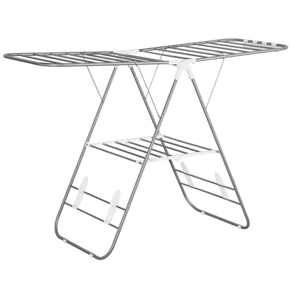 Clothes Drying Rack 1.48m Drying Length Portable Stand Dryer with Telescopic Poles, Wing Drying Rack Clothes Dryer for Indoor and Outdoor Use, Silver+White