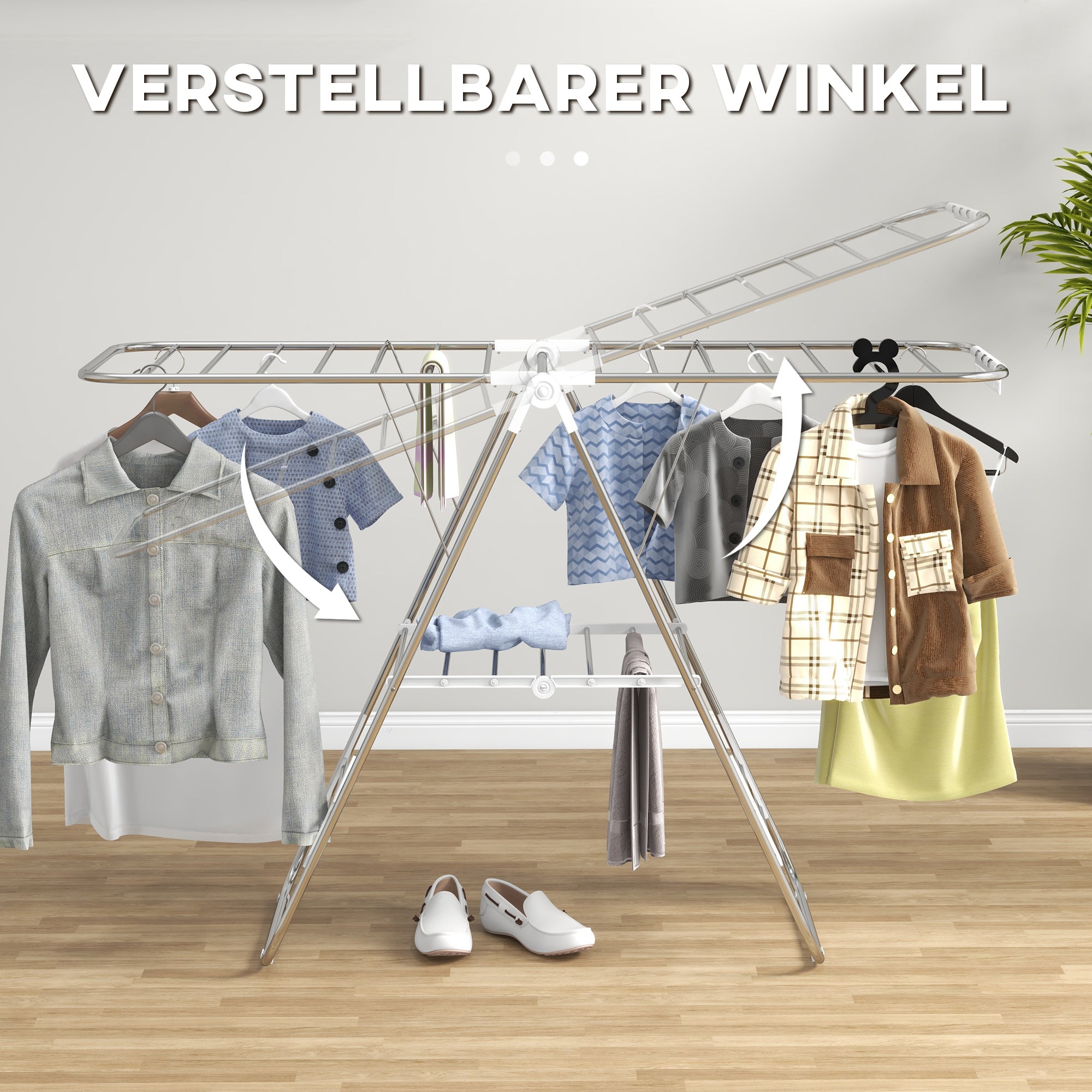 Clothes Drying Rack 1.48m Drying Length Portable Stand Dryer with Telescopic Poles, Wing Drying Rack Clothes Dryer for Indoor and Outdoor Use, Silver+White