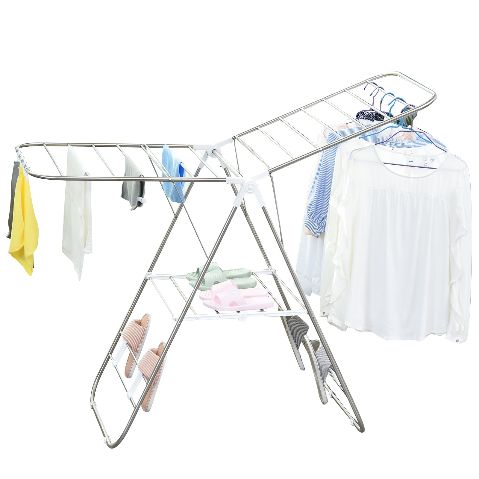 Clothes Drying Rack 1.48m Drying Length Portable Stand Dryer with Telescopic Poles, Wing Drying Rack Clothes Dryer for Indoor and Outdoor Use, Silver+White