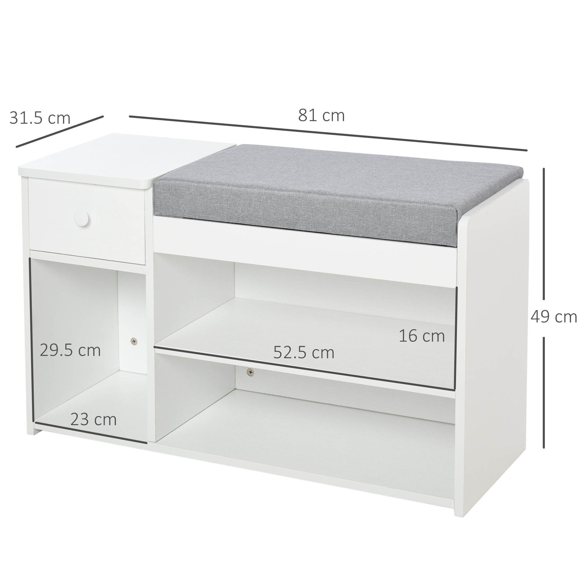 Shoe Bench with Cushion, Drawer, and 3 Open Compartments, Wooden Entryway Furniture 81x31.5x49cm, White