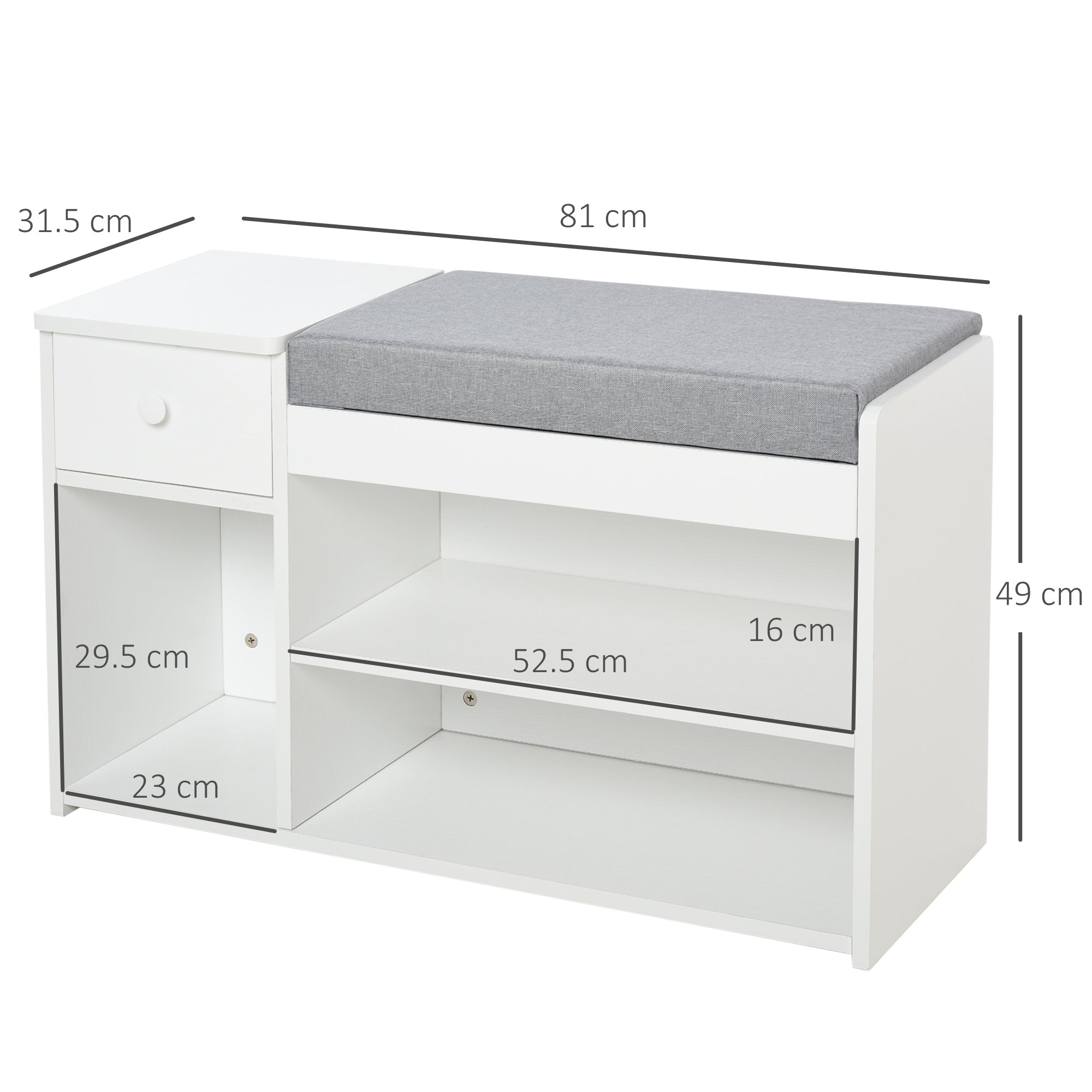 Shoe Bench with Cushion, Drawer, and 3 Open Compartments, Wooden Entryway Furniture 81x31.5x49cm, White